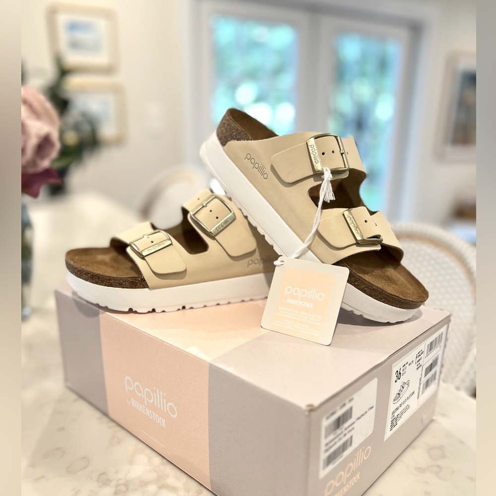 New in Box! Birkenstock Arizona pap flex platform sandals in ECRU size 36 uk